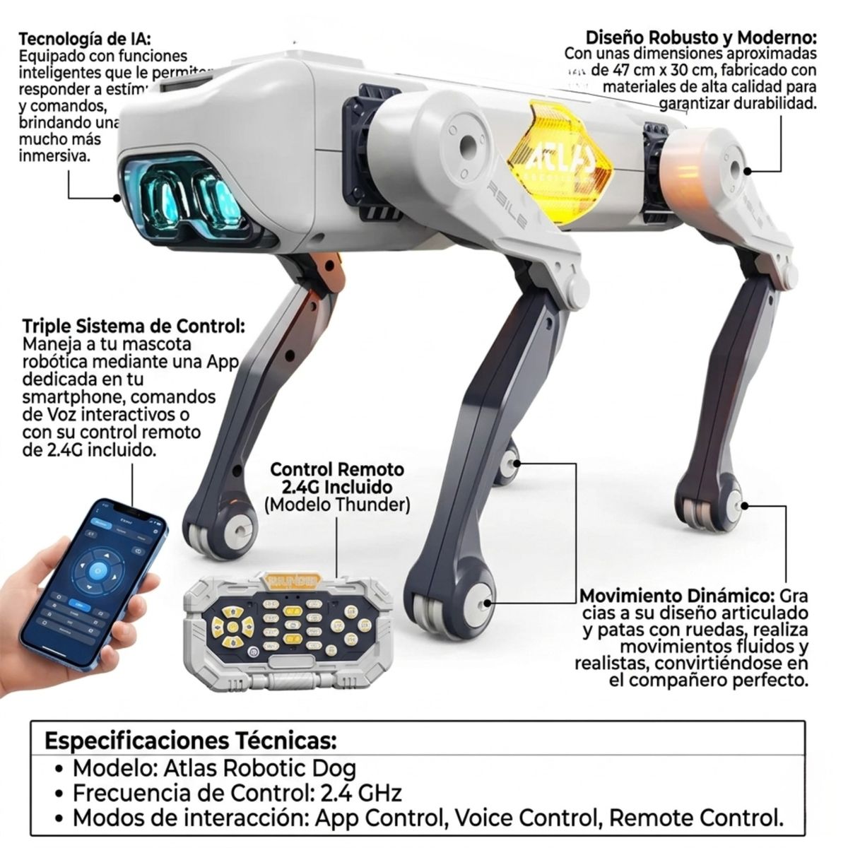 GENERICO - Perro Robot Inteligente ATLAS - Control por App y Voz - Robótico con IA y Control Remoto 2.4G