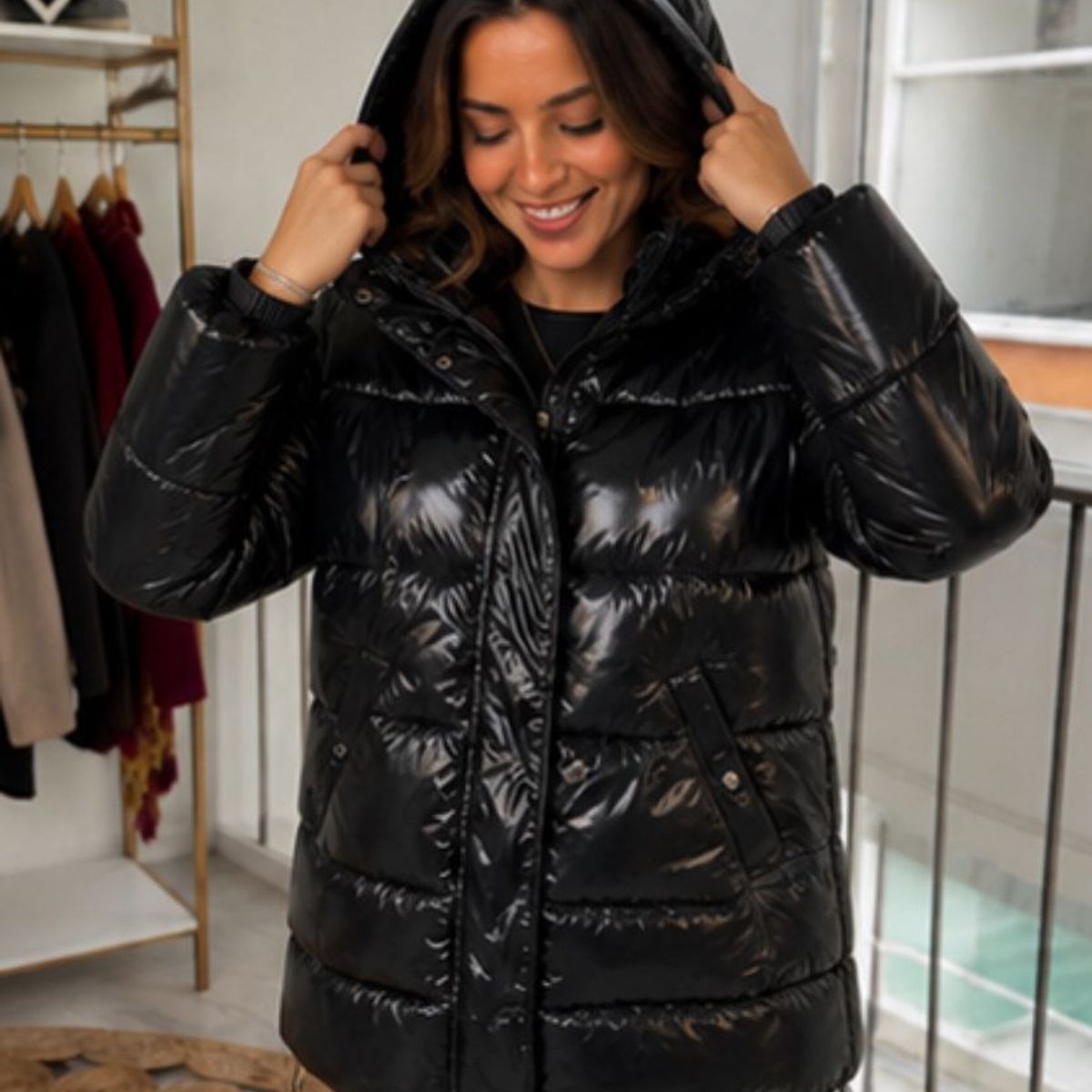 CALVIN KLEIN - Chaqueta Mujer Puffer Impermeable Acolchada Capucha Negra CK
