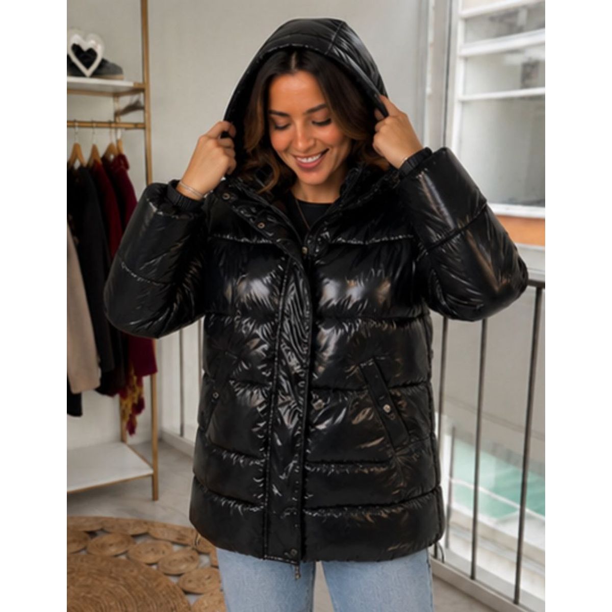 CALVIN KLEIN - Chaqueta Mujer Puffer Impermeable Acolchada Capucha Negra CK
