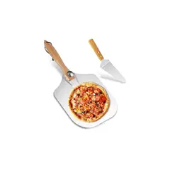 GENERICO - Set Pala + Espatula Para Pizza Con Mango Madera Acero 60cm