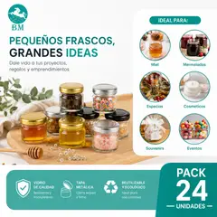 GENERICO - Pack 24 Frascos de Vidrio 25ml con Tapa Surtida Negra Dorada