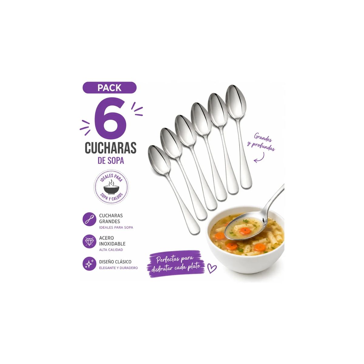 GENERICO - Pack X6 Cucharas Grandes Para Servir Sopa Acero Inoxidable