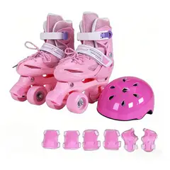 GENERICO - Patines 4 Rueda Ajustable + Kit De Seguridad y Casco Rosado