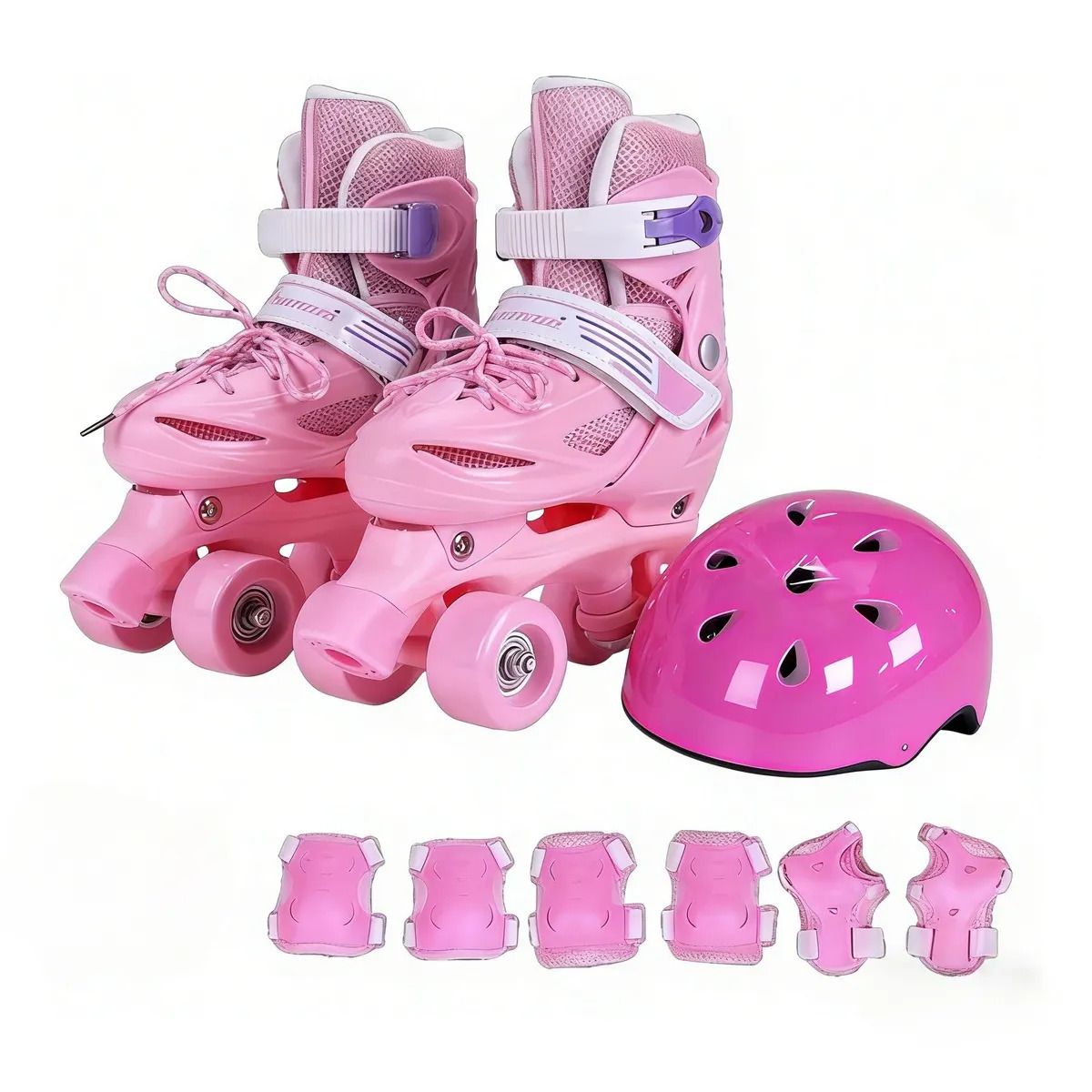 GENERICO - Patines 4 Rueda Ajustable + Kit De Seguridad y Casco Rosado