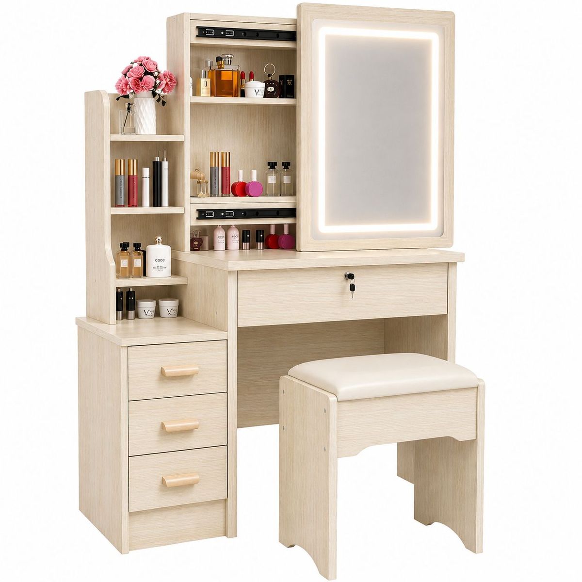 ACTUAL - Tocador Infantil con Espejo LED y Banqueta Beige 130x80x36 cm, Mesa de Maquillaje con Cajones y Almacenamiento