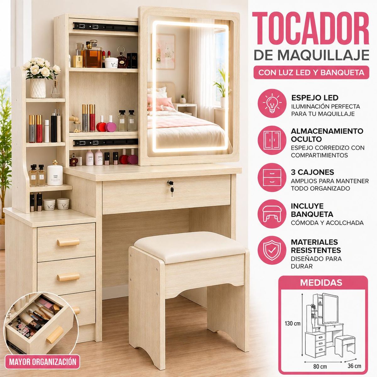 ACTUAL - Tocador Infantil con Espejo LED y Banqueta Beige 130x80x36 cm, Mesa de Maquillaje con Cajones y Almacenamiento