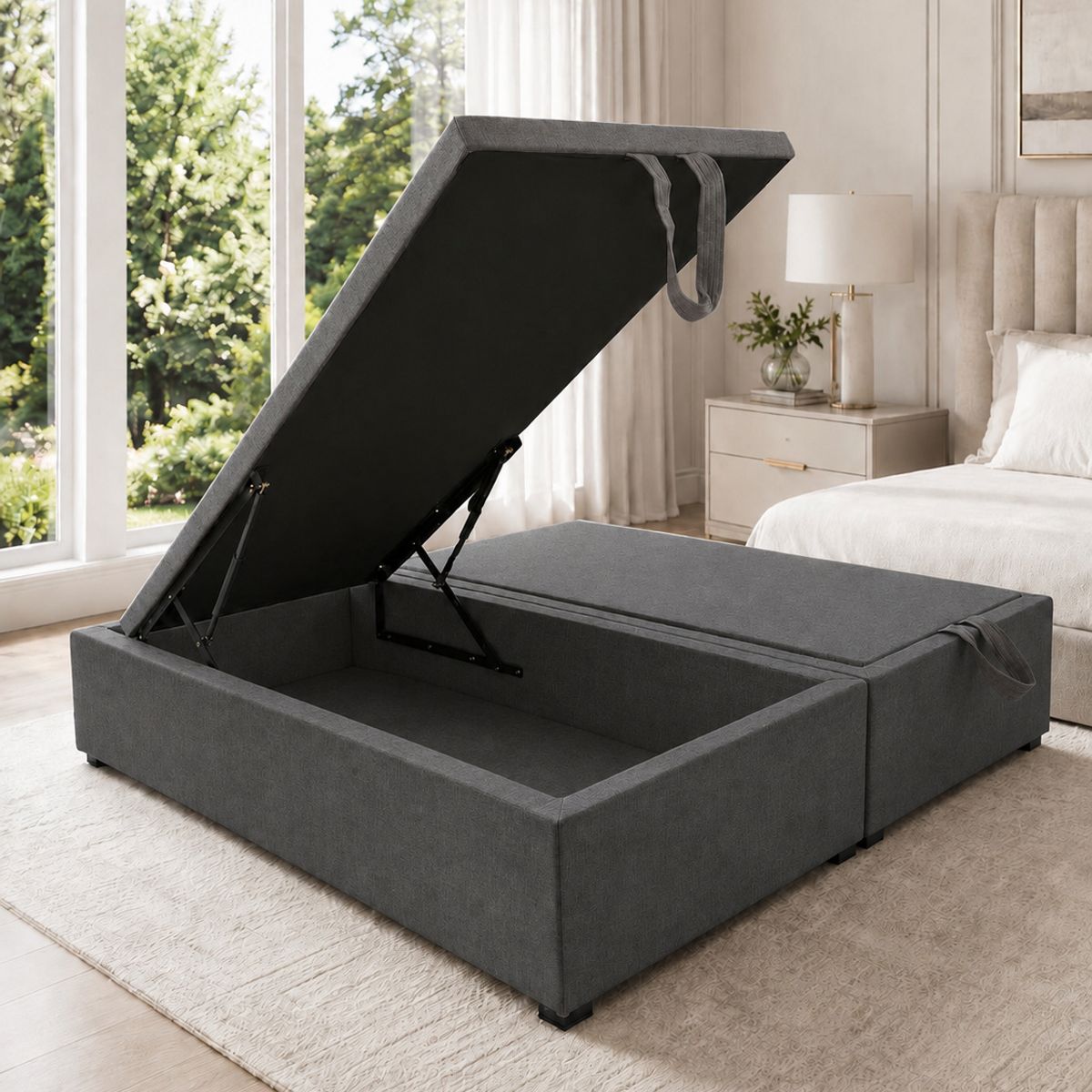 GENERICO - Base Baúl 2 Plazas Onyx Gris Grafito + Colchón Mery Design – Sistema Hidráulico Premium