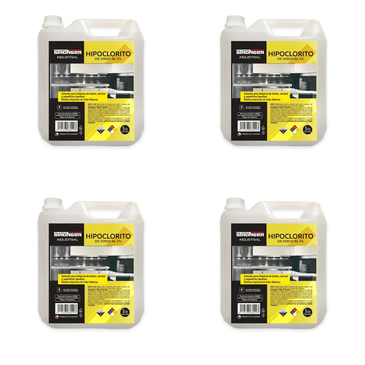 GENERICO - Pack 4 Cloro Liquido al 3% Industrial 5 Litros Stronger