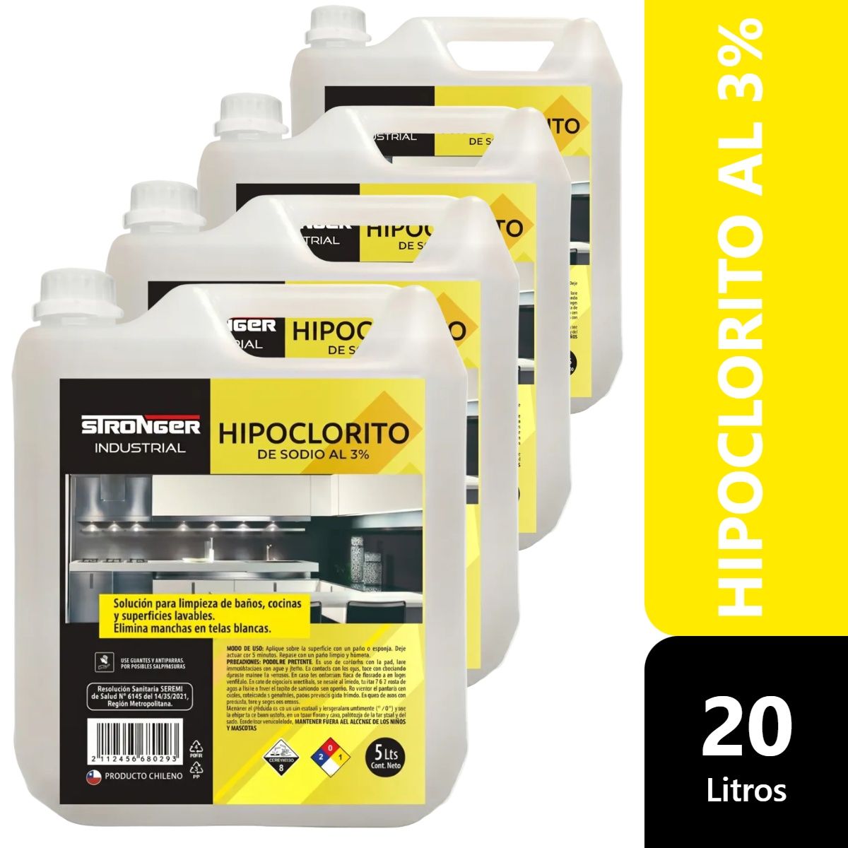 GENERICO - Pack 4 Cloro Liquido al 3% Industrial 5 Litros Stronger