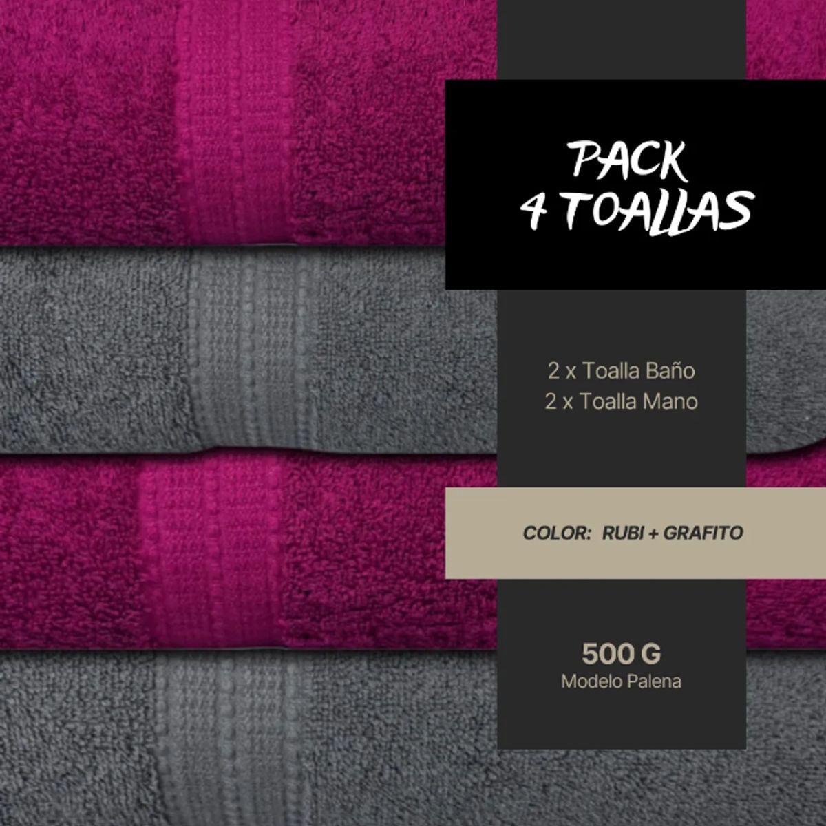 CHITECO - Pack 4 Toallas Chiteco Algodón 500g Baño & Manos 140x70cm Gris Y Rojo Rubi