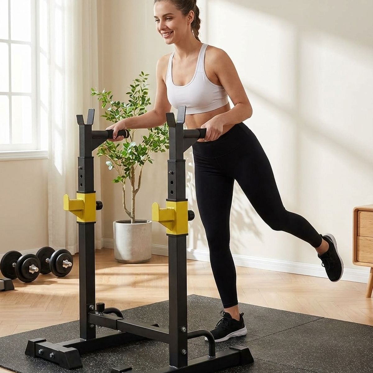 GENERICO - Rack Sentadillas Extendible Squat y Press Banca Acero 150 kg Altura 113-140 cm Ancho Ajustable