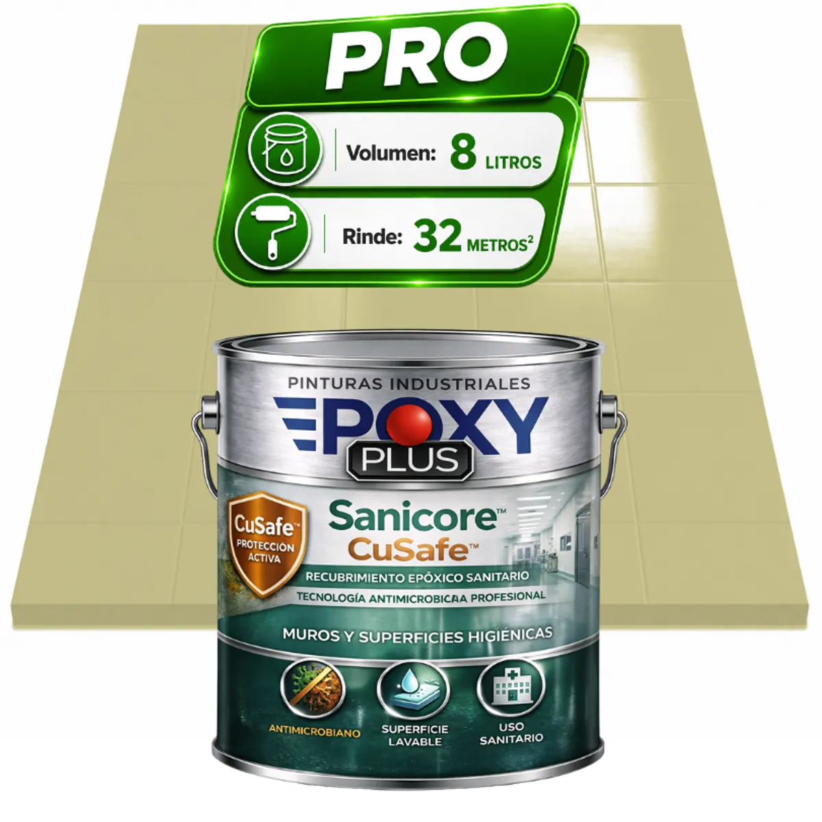 EPOXY - Pintura Epóxica Hospitalaria Sanicore CuSafe - MUROS Y PISOS - SIN OLOR - PRO 8L -  Beige verdoso
