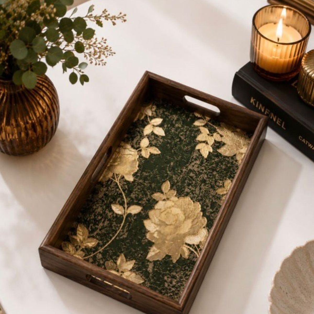 GENERICO - Bandeja Decorativa Vintage Floral Dorada de Madera 30x20 cm  Estilo Elegante