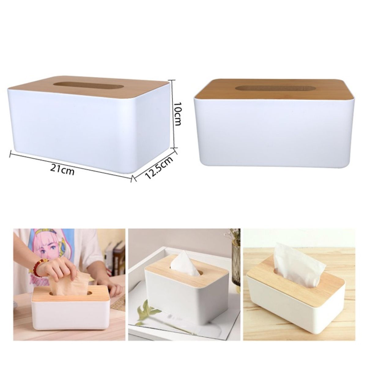 GENERICO - Caja Dispensadora dE PAÑUELOS  Blanca con Tapa Diseño Madera – Organizador Moderno 21 cm