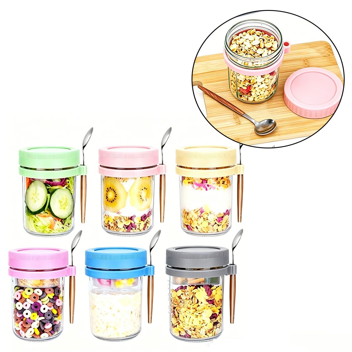 MOONCORE - Set 6 Frascos Vidrio 360ml Para Avena, Con Tapa Y Cuchara, Multicolor