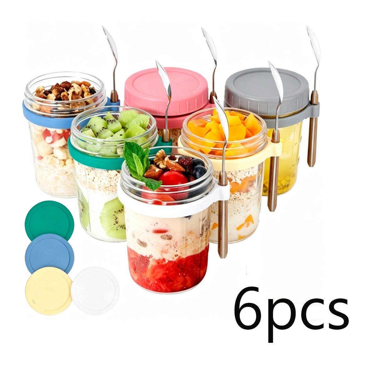 MOONCORE - Set 6 Frascos Vidrio 360ml Para Avena, Con Tapa Y Cuchara, Multicolor