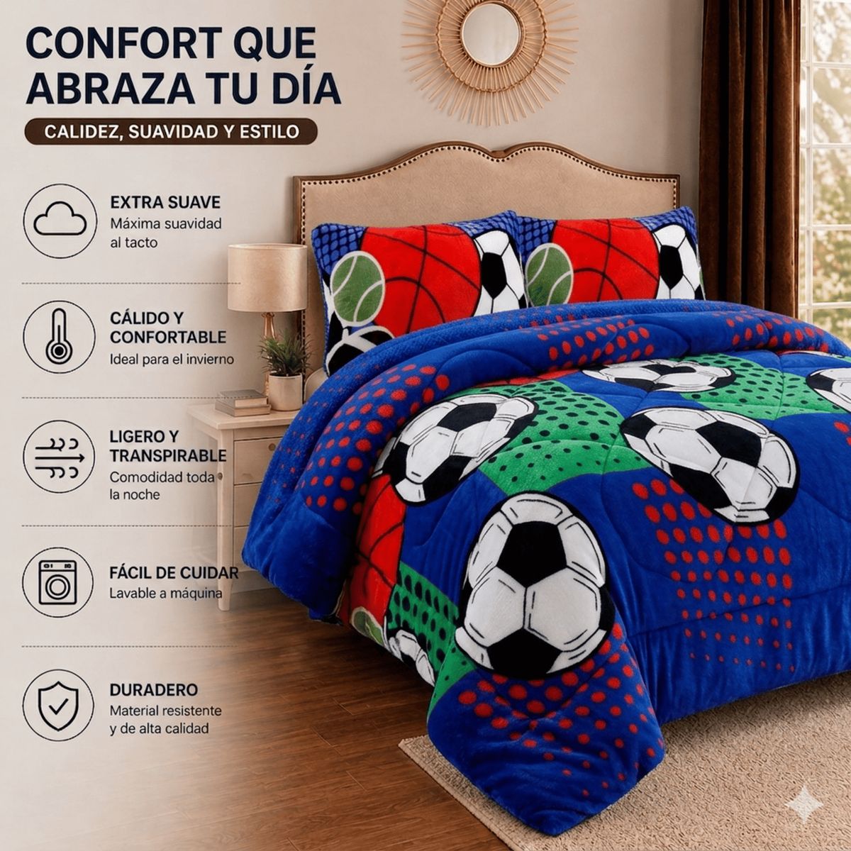 GENERICO - Plumón Cobertor Plush Chiporro 1.5 Plazas Invierno Suave Liviano Color Azul Estampado Balones
