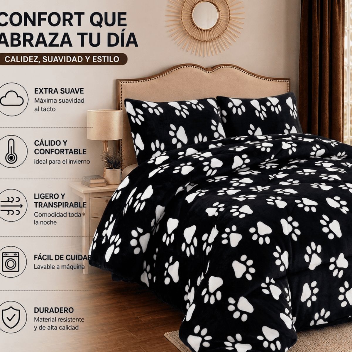 GENERICO - Plumón Cobertor Plush Chiporro 1.5 Plazas Invierno Suave Liviano Color Negro Estampado Huellas