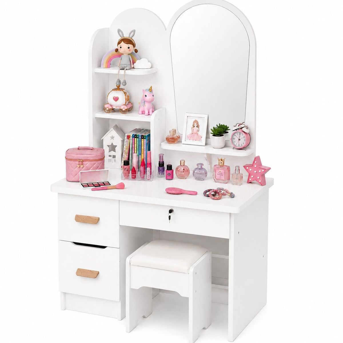 ACTUAL - Tocador Infantil con Espejo y Taburete para Niñas Moderno con Cajones y Organizador Vanity Infantil