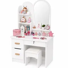 ACTUAL - Tocador Infantil con Espejo y Taburete para Niñas Moderno con Cajones y Organizador Vanity Infantil