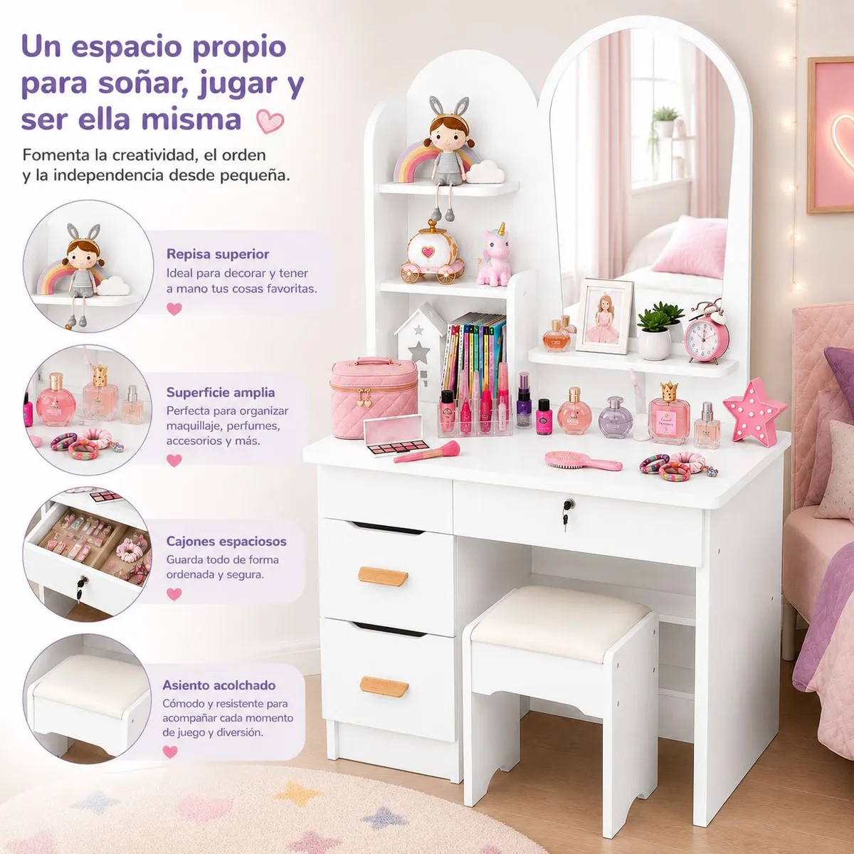 ACTUAL - Tocador Infantil con Espejo y Taburete para Niñas Moderno con Cajones y Organizador Vanity Infantil
