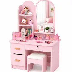 ACTUAL - Tocador Infantil con Espejo y Taburete para Niñas Moderno con Cajones y Organizador Vanity Infantil