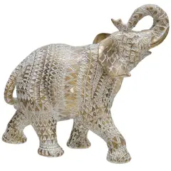 GENERICO - Elefante Decorativo Étnico en Resina Color Dorado y Blanco Figura Ornamental para Sala y Hogar.