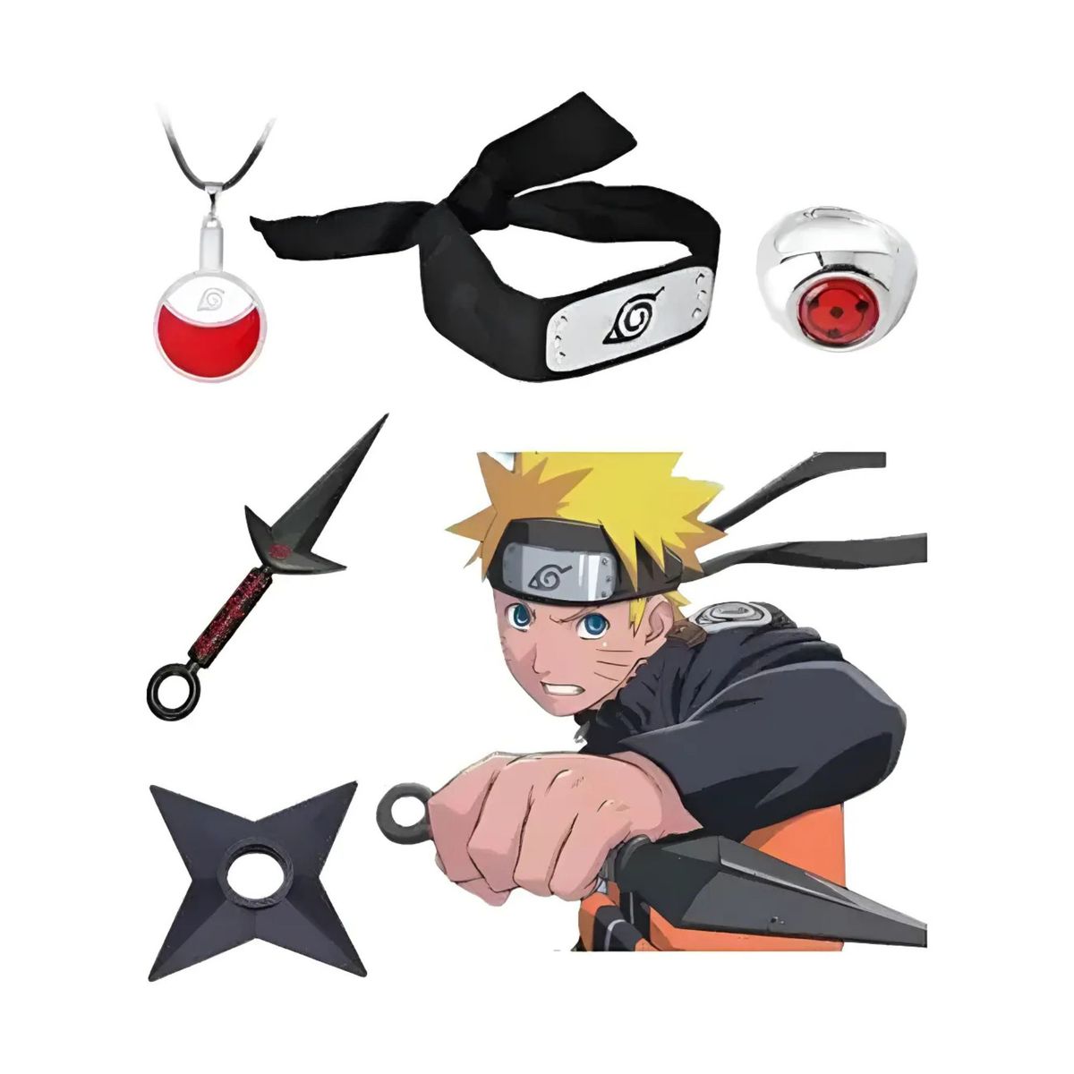 GENERICO - Set Naruto Cosplay Anillo, Collar, Banda Shuriken, Kunai 5pcs