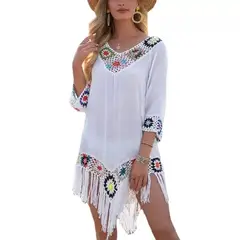 GENERICO - Salida De Playa Vestido Playero y Holgado con Crochet y Flecos