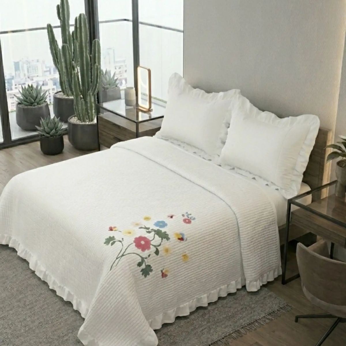 GENERICO - Cubrecama Quilt Verano Estampado Floral con Bobos 2 Plazas