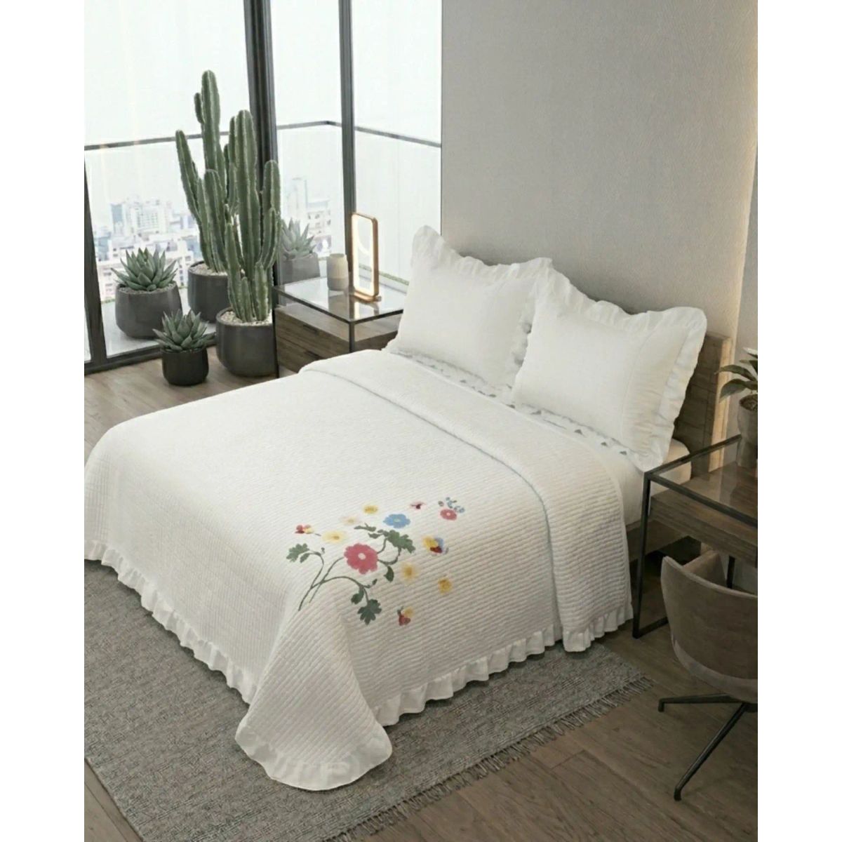 GENERICO - Cubrecama Quilt Verano Estampado Floral con Bobos 2 Plazas