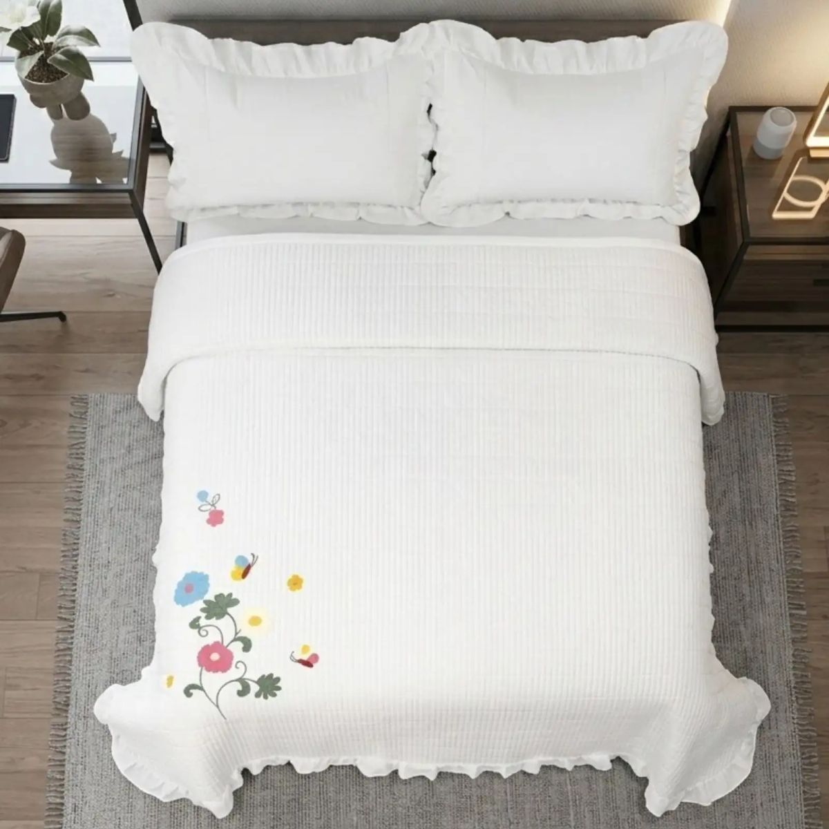 GENERICO - Cubrecama Quilt Verano Estampado Floral con Bobos 2 Plazas