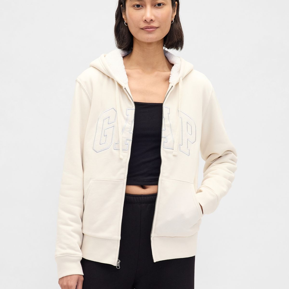 GAP - Polerón Mujer Gap Con Gorro Con Cierre Logo Sherpa Beige