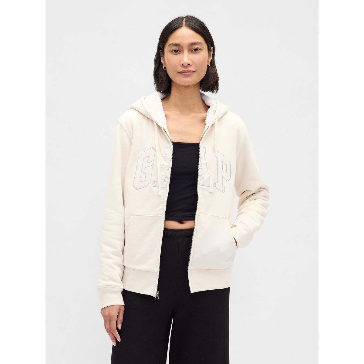 GAP - Polerón Mujer Gap Con Gorro Con Cierre Logo Sherpa Beige