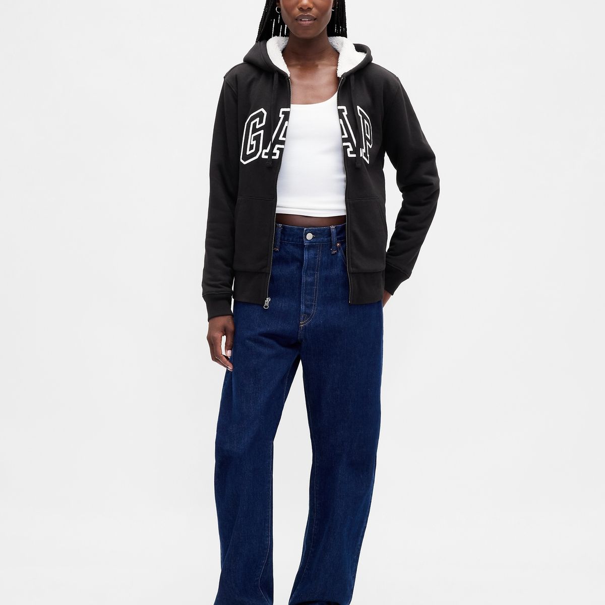 GAP - Polerón Mujer Gap Con Gorro Con Cierre Logo Sherpa Negro