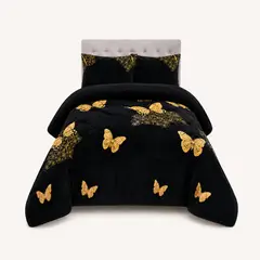 GENERICO - Plumón Plush Negro con Mariposas Doradas Ultra Suave Abrigo Invierno Premium