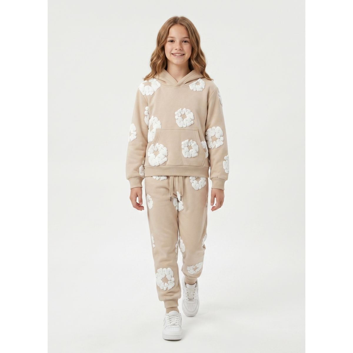 KIBOU - Conjunto Buzo Niña Poleron Canguro Y Jogger Flores 3d