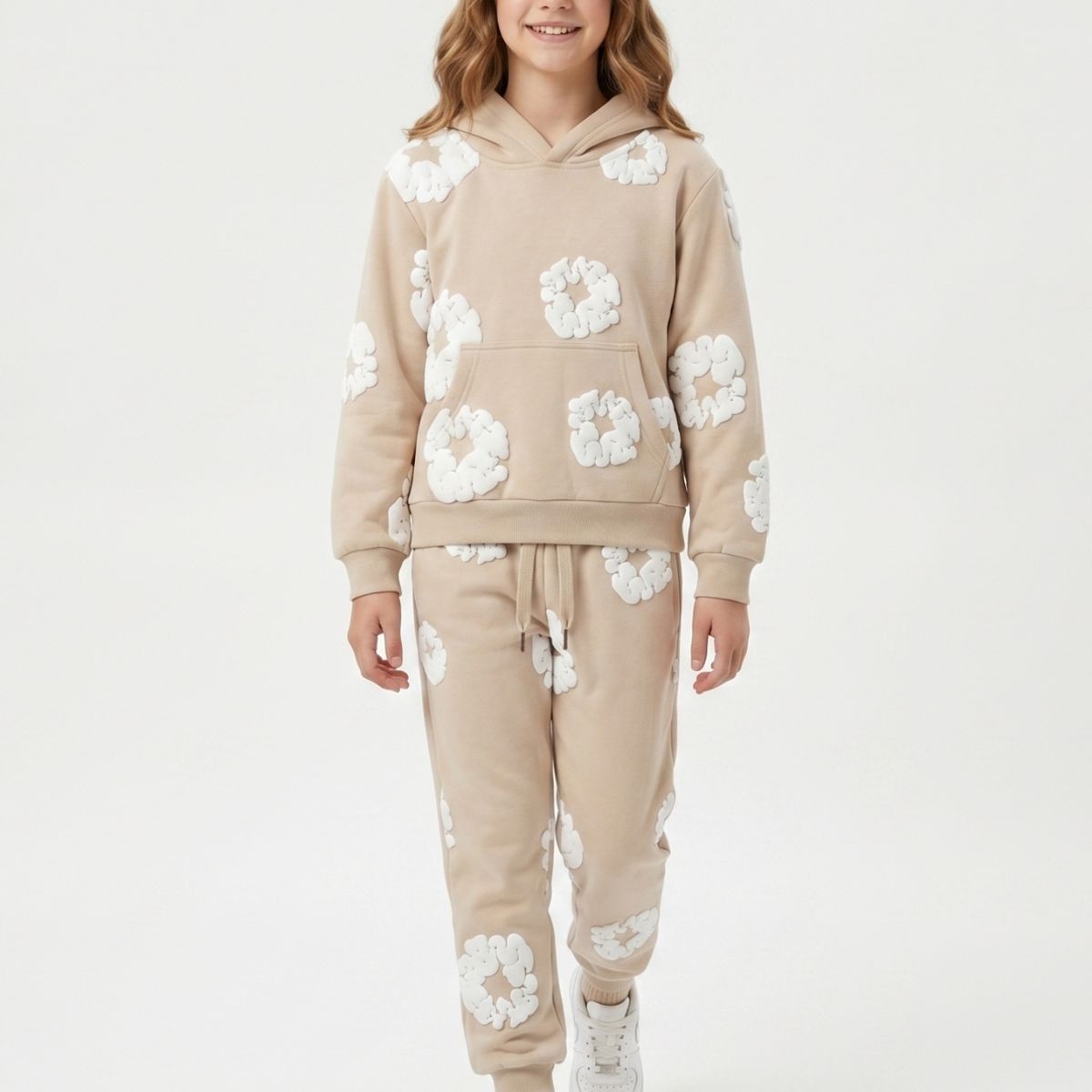 KIBOU - Conjunto Buzo Niña Poleron Canguro Y Jogger Flores 3d