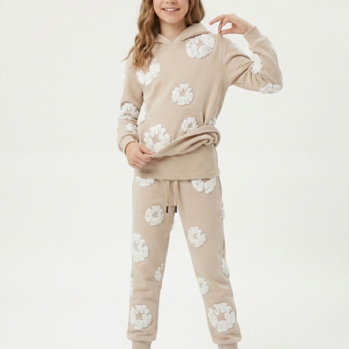 KIBOU - Conjunto Buzo Niña Poleron Canguro Y Jogger Flores 3d