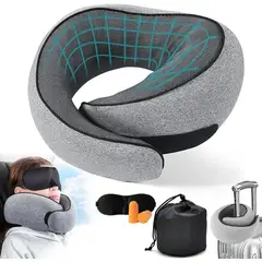 KUANGYE - Almohada de Viaje ajustable para Cuello Viscoelástica con Espuma de Memoria,Incluye Antifaz,Tapones
