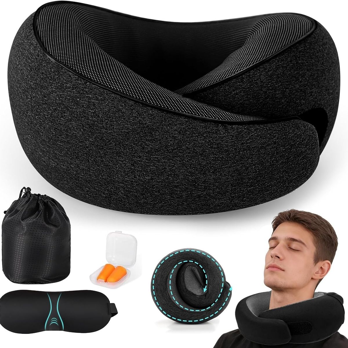 KUANGYE - Almohada de Viaje ajustable para Cuello Viscoelástica con Espuma de Memoria,Incluye Antifaz,Tapones