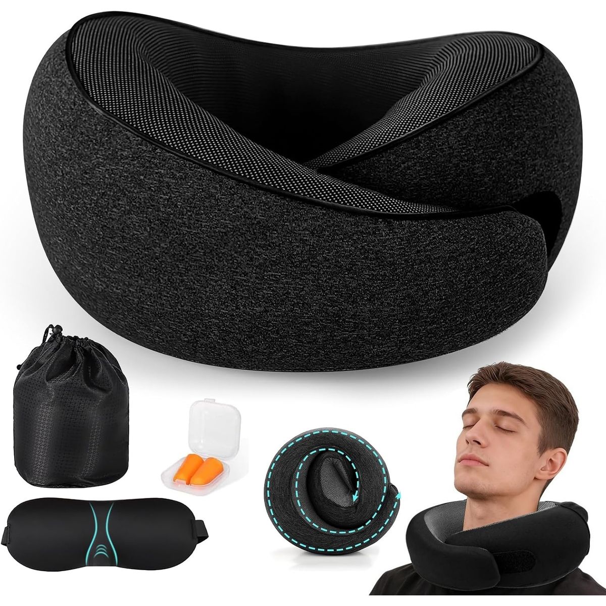 KUANGYE - Almohada de Viaje ajustable para Cuello Viscoelástica con Espuma de Memoria,Incluye Antifaz,Tapones