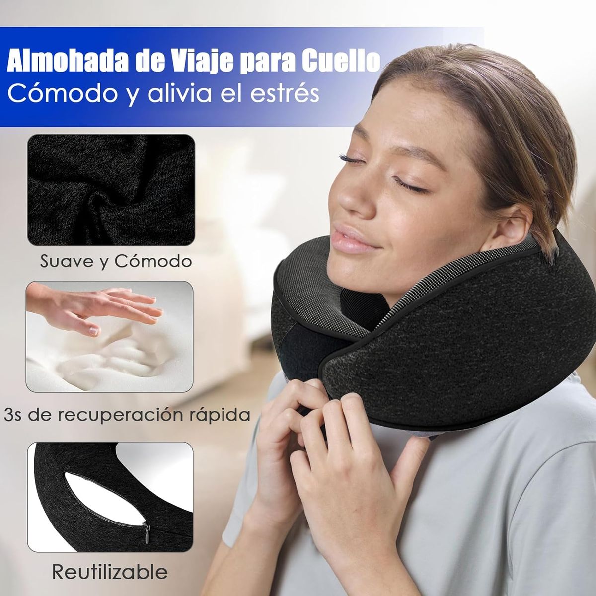 KUANGYE - Almohada de Viaje ajustable para Cuello Viscoelástica con Espuma de Memoria,Incluye Antifaz,Tapones