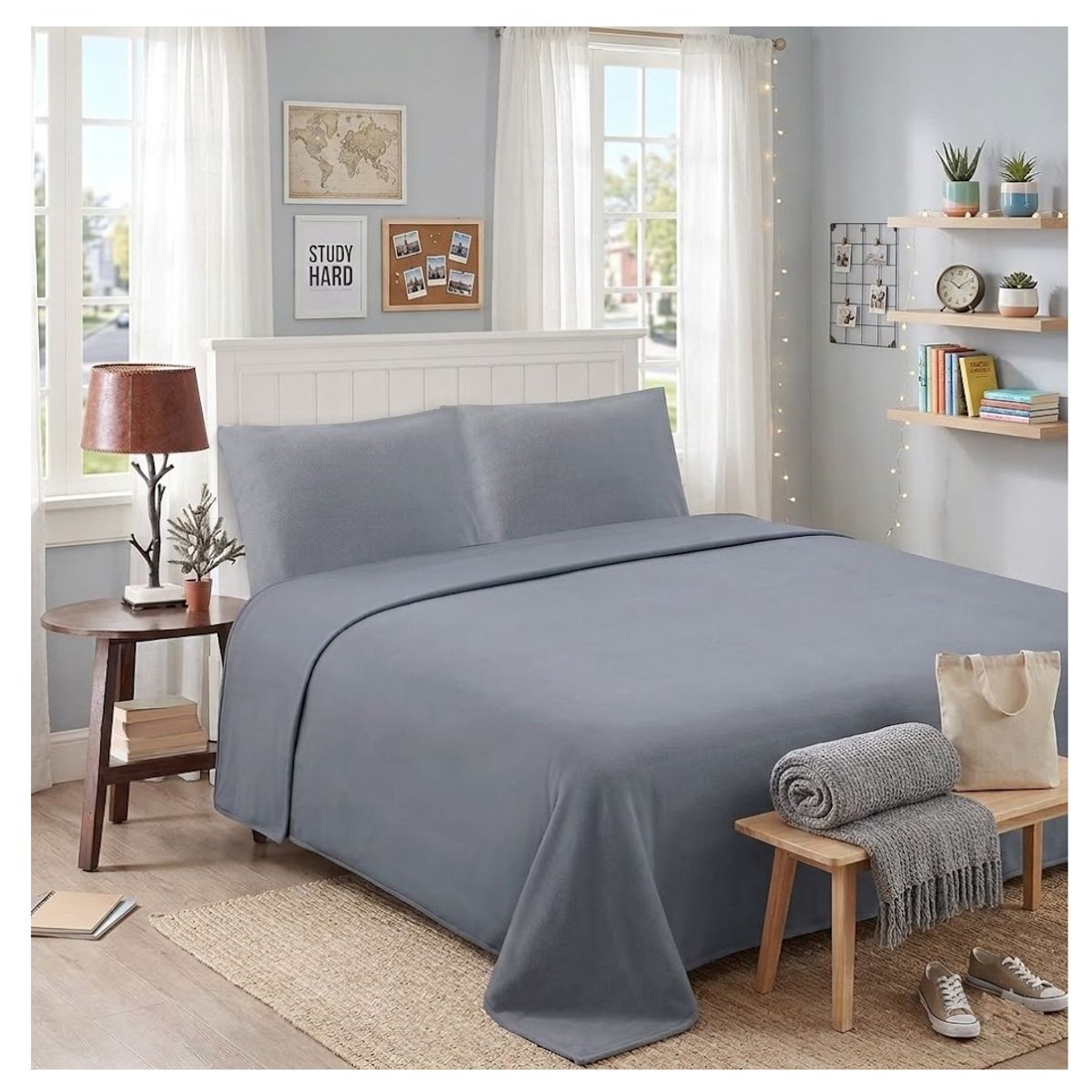 ALMA & DECO - Juego De Sábanas Polar Lisa 2 Plazas Gris Premium