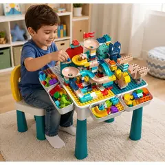 MOVI - MESA PARA JUEGO CON SILLA Y 102 PIEZAS DE LEGO