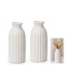 OEM - Set 2 Floreros Decorativo Cerámico Rayado Blanco 12,5 cm Estilo Minimalista