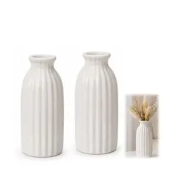 OEM - Set 2 Floreros Decorativo Cerámico Rayado Blanco 12,5 cm Estilo Minimalista