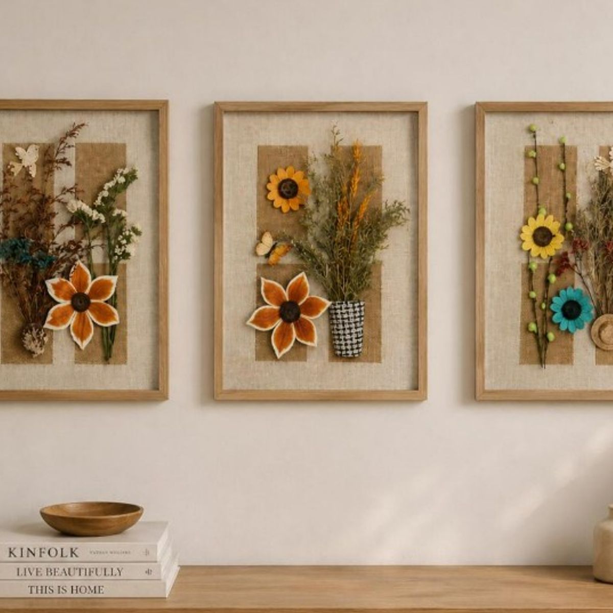 OEM - Set 3 Cuadro Decorativo Floral 3D Relieve Estilo Boho 43x31 cm