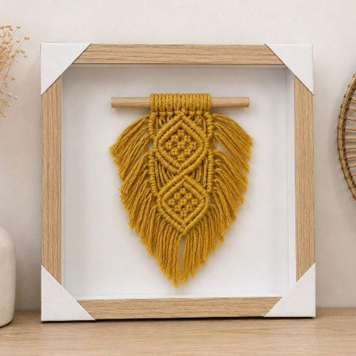 OEM - Cuadro Decorativo Macramé Boho Mostaza 30x30 cm Marco Madera