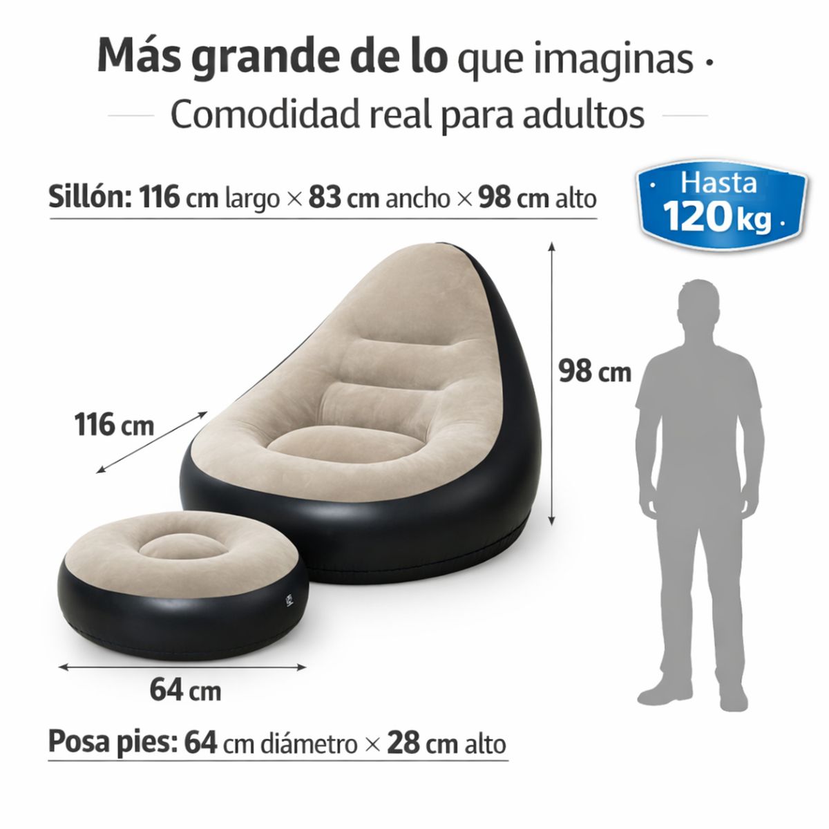 MOVI - Sofá Inflable con Posa Pies PVC Aterciopelado  120kg  Interior y Exterior